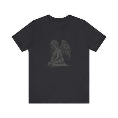 Fallen Angel Dark Theme Graphic T-Shirt – Dark Grayscale Crying Angel Design on Black Tee with Gothic Mood and Modern Ghost Effect. Unisex Jersey Short Sleeve Tee