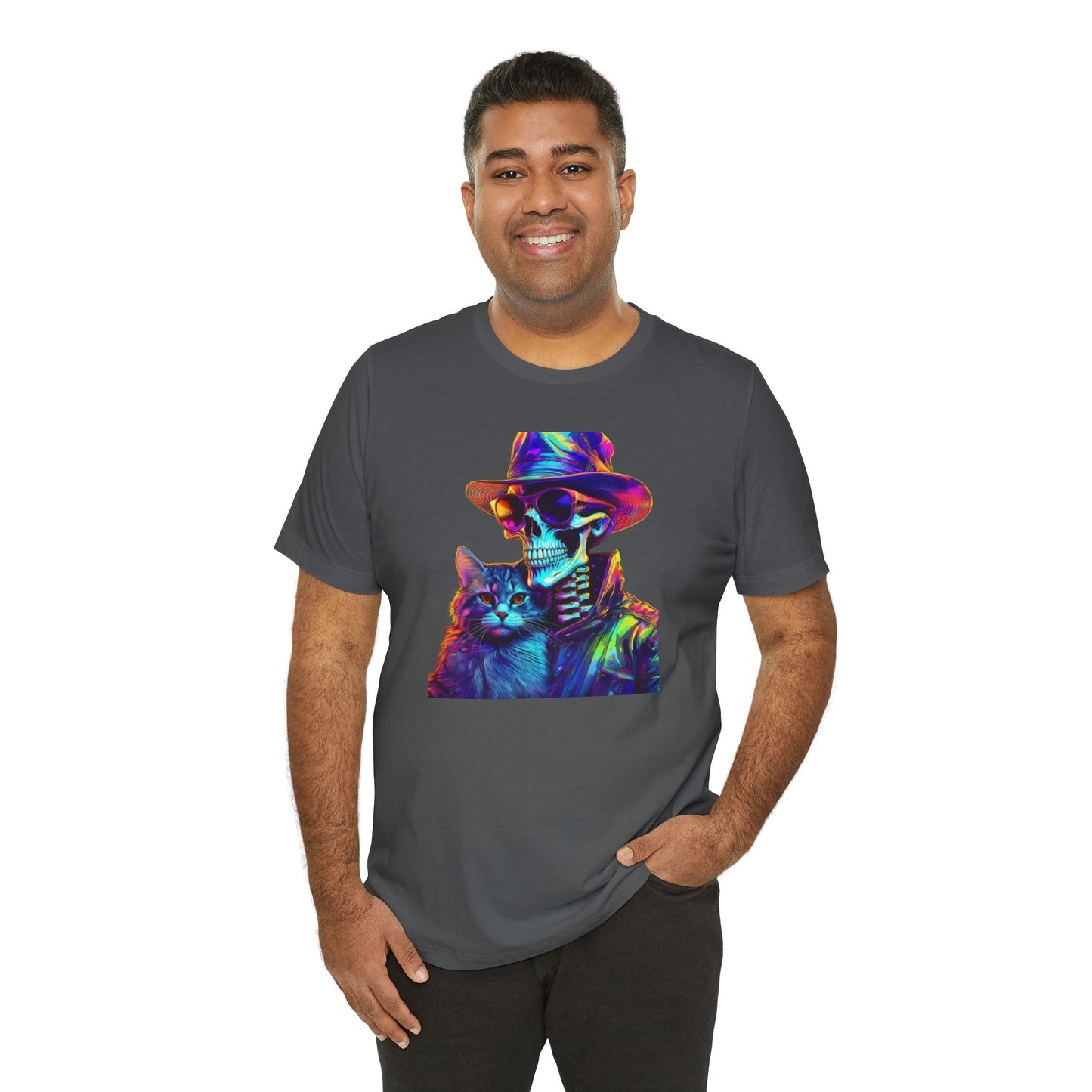 Cool Skeleton and Cat Halloween Shirt – Neon Retro Horror Graphic Tee for Spooky Style and Cat Lovers