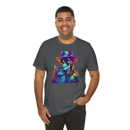 Cool Skeleton and Cat Halloween Shirt – Neon Retro Horror Graphic Tee for Spooky Style and Cat Lovers