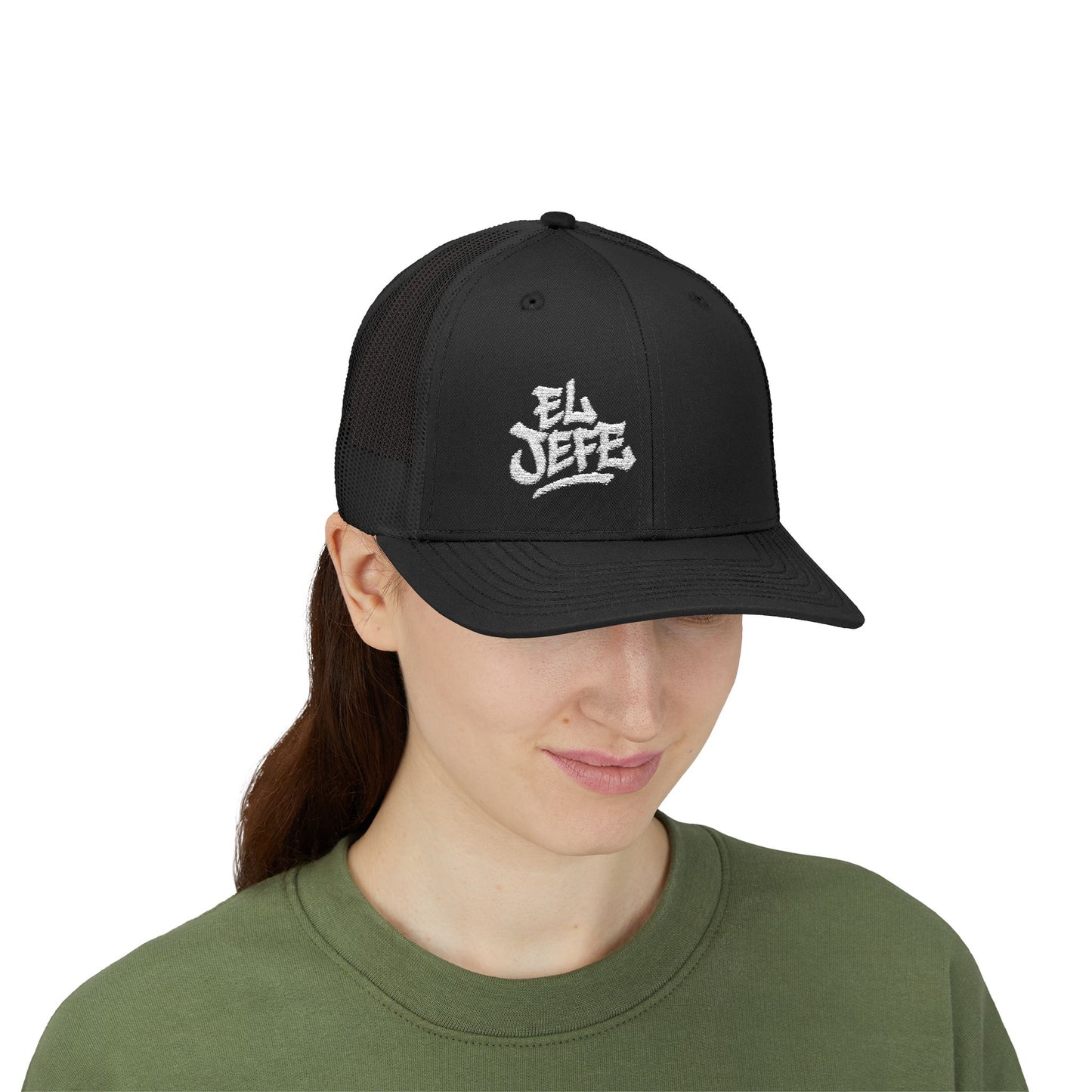 El Jefe Trucker Hat – Embroidered Bold Text Hat for Boss Energy, Leadership Style, and Latin Flair. White Letters