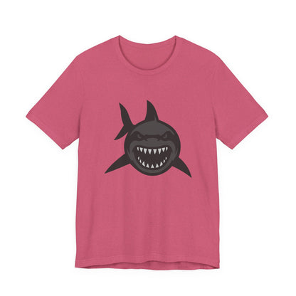 Ferocious Shark Face Graphic Tee with a Bold Bite – Dark Theme Ocean Predator Shirt in Black and Grey. Unisex Jersey Short Sleeve Tee