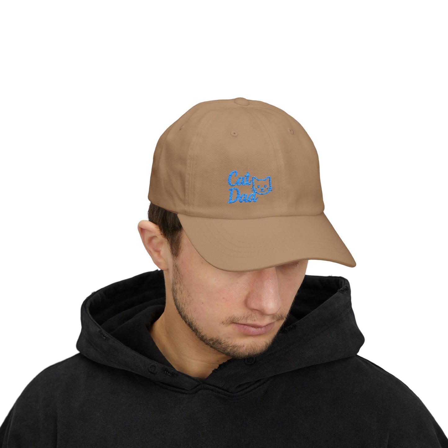 Cat Dad Classic Dad Hat – Embroidered Minimalist Cat Face Hat for Proud Pet Dads and Feline Fans. Blue Letters