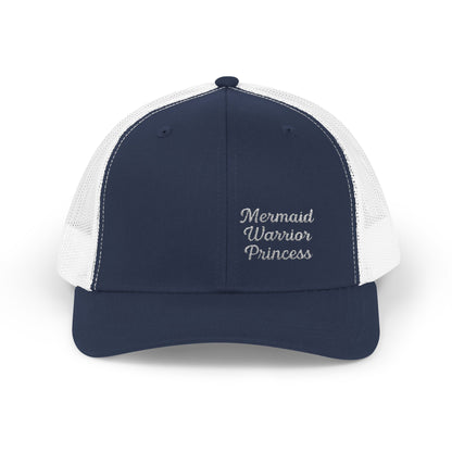 Mermaid Warrior Princess Trucker Hat – Embroidered Bold Text Hat for Magical Queens. White Letters