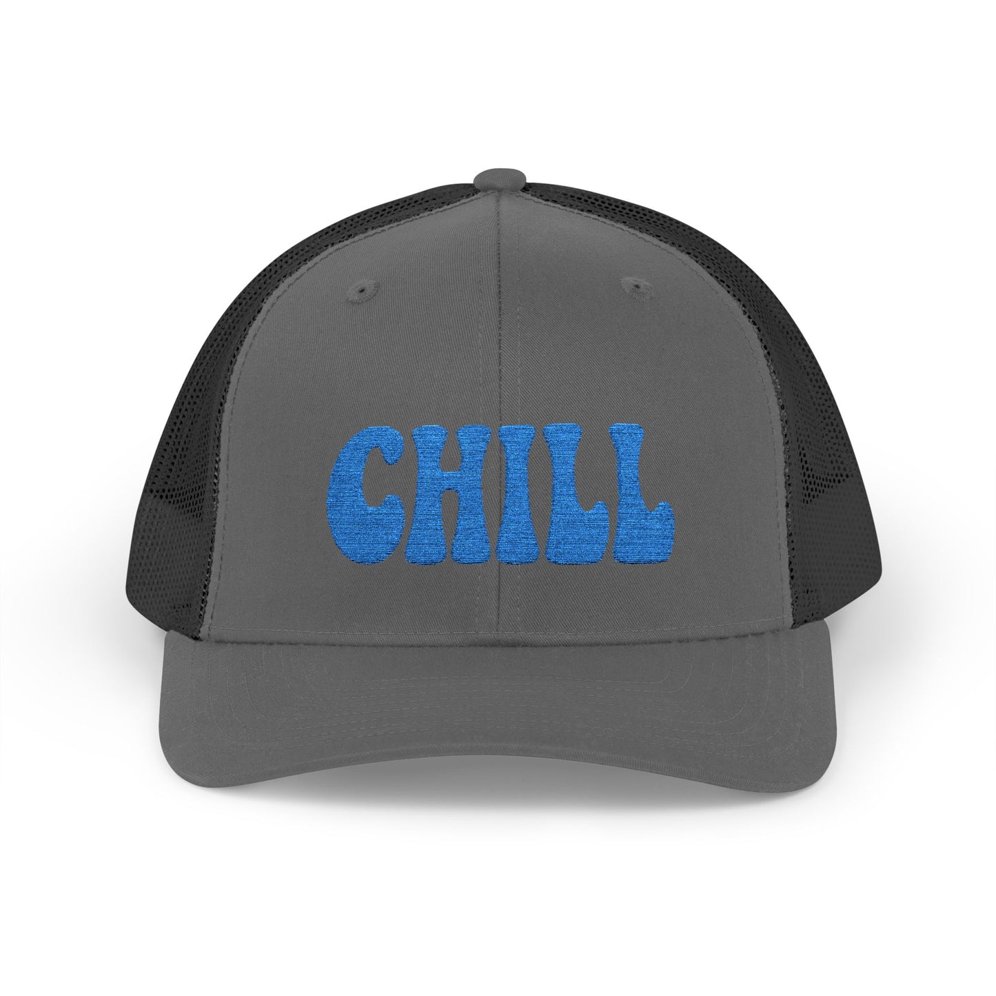 Chill Trucker Hat – Embroidered Relaxed Script Hat for Easygoing Vibes and Everyday Cool. Blue Letters
