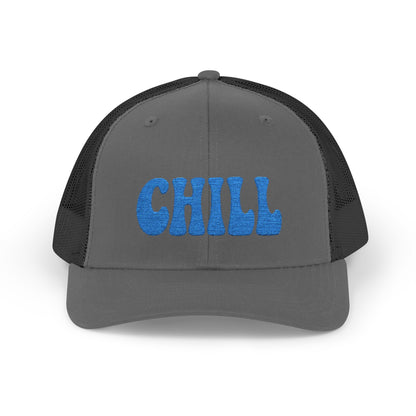 Chill Trucker Hat – Embroidered Relaxed Script Hat for Easygoing Vibes and Everyday Cool. Blue Letters