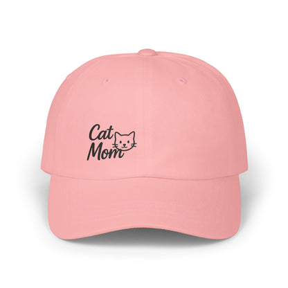 Cat Mom Classic Dad Hat – Embroidered Minimalist Cat Face Hat for Feline-Loving Women with Style. Black Letters