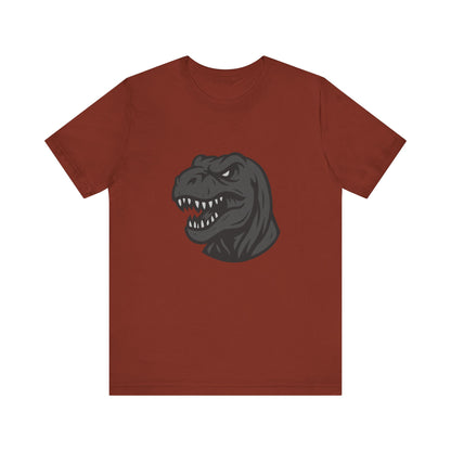 T-Rex Profile Graphic T-Shirt – Dark Theme Grayscale Dinosaur Head on Black Tee with Prehistoric Power and Modern Ghost Effect. Unisex Jersey Short Sleeve Tee