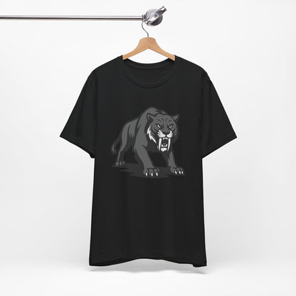 Saber-Tooth Tiger Graphic Tee Dark Theme – Fierce Prehistoric Vector Design with Modern Edge