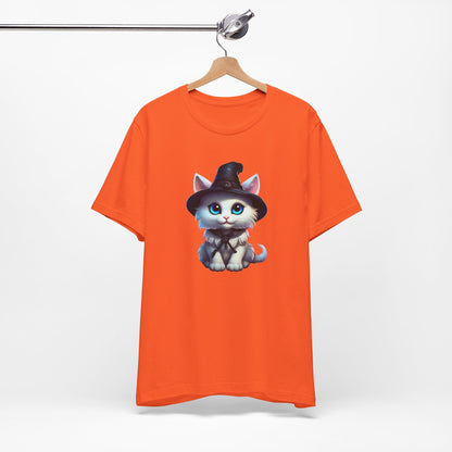 Adorable Witch Cat Halloween Shirt – Cute White Cat in Hat Graphic Tee for Cat Lovers and Halloween Fans
