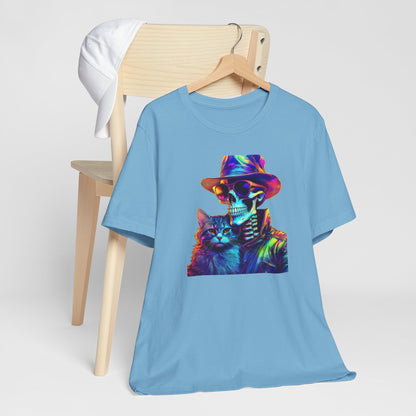 Cool Skeleton and Cat Halloween Shirt – Neon Retro Horror Graphic Tee for Spooky Style and Cat Lovers