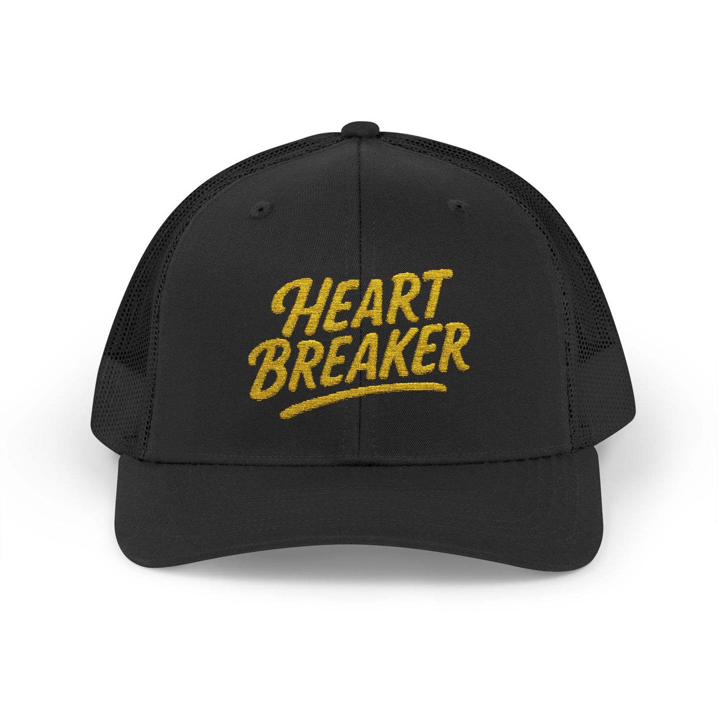 Heartbreaker Trucker Hat – Bold Baseball Hat with Retro Script and Broken Heart Design for Confident Rule-Breakers. Yellow Letters