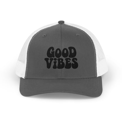 Good Vibes Trucker Hat – Embroidered Retro Text Hat for Positive Vibes, Chill Style, and Everyday Feel-Good Energy. Black Letters