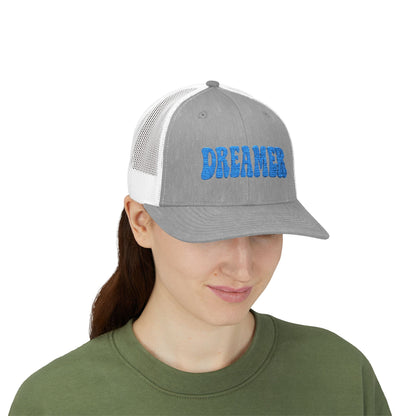 Dreamer Trucker Hat – Embroidered Minimalist Script Hat for Visionaries, Creatives, and Chill Daydreamers. Blue Letters