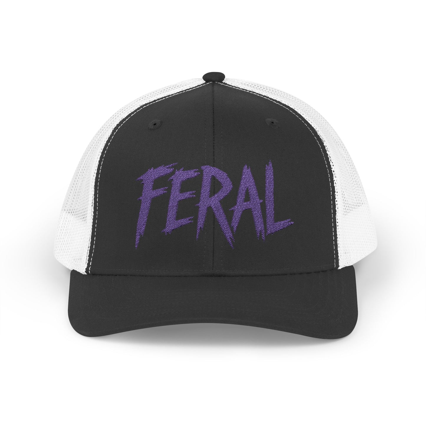 FERAL Embroidered Trucker Hat – Bold Statement Baseball Hat with Wild Energy Font for Rebels, Misfits, and Chaos Enthusiasts. Purple Letters.