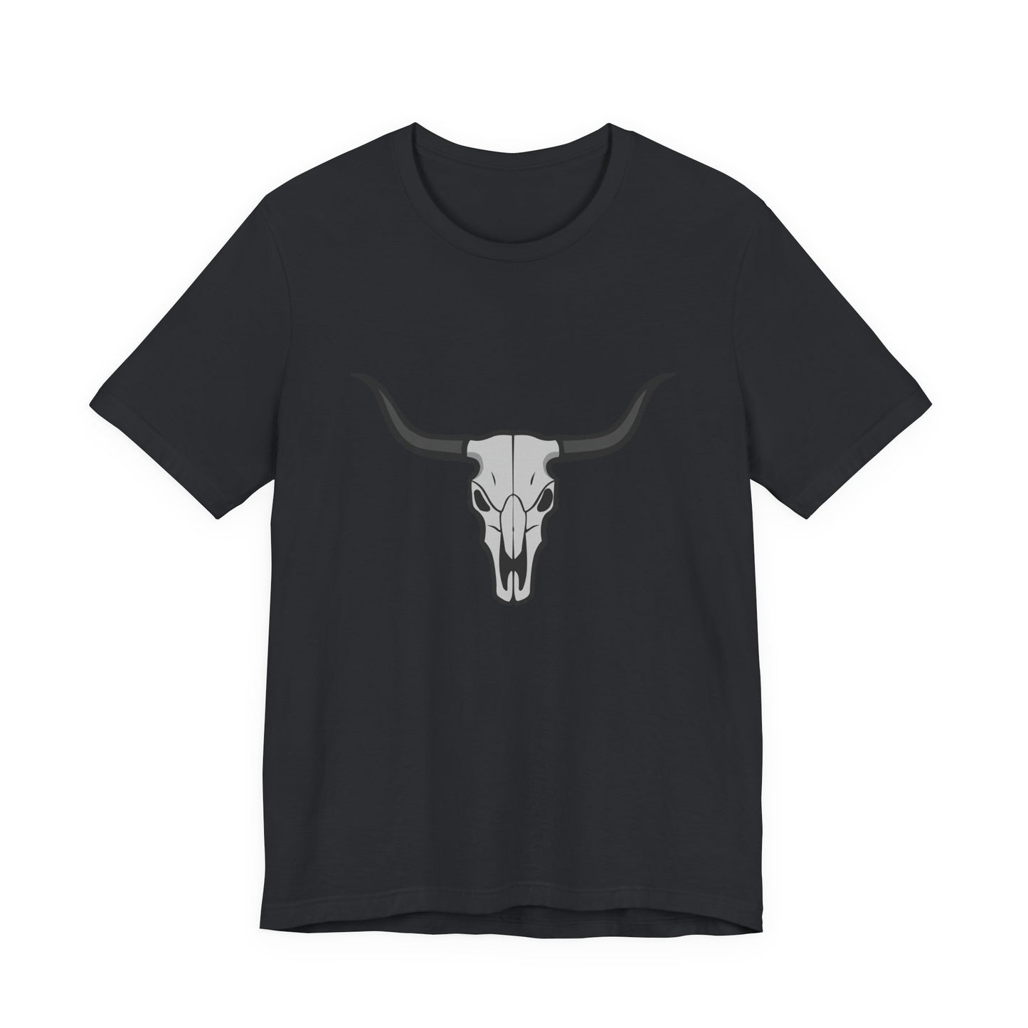 Dark Theme Steer Skull Shirt – Western Cow Skull Graphic in Grey and Black for Desert Gothic Vibes. Unisex Jersey Short Sleeve Tee