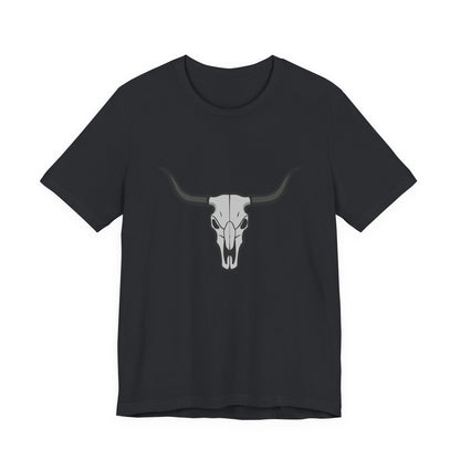 Dark Theme Steer Skull Shirt – Western Cow Skull Graphic in Grey and Black for Desert Gothic Vibes. Unisex Jersey Short Sleeve Tee