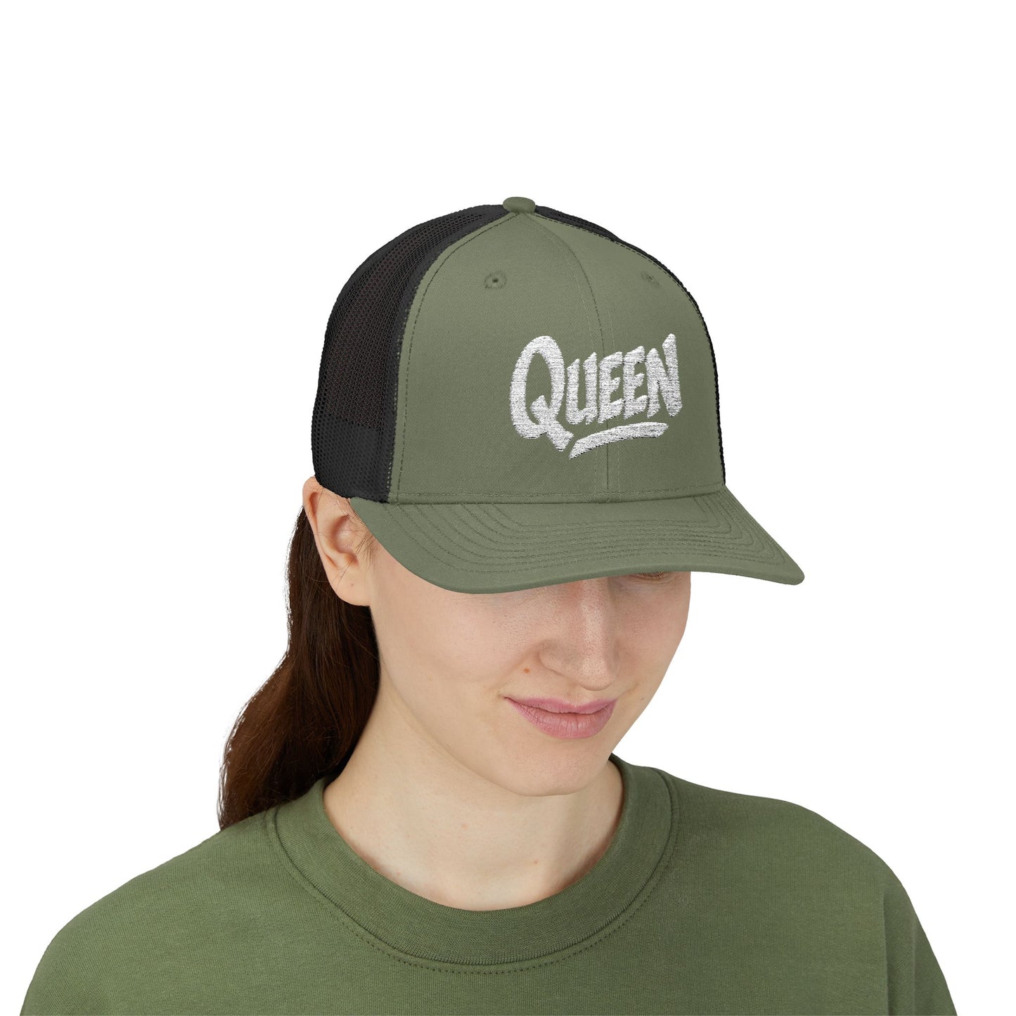 Queen Trucker Hat – Embroidered Crown Hat for Confident Women. White Letters