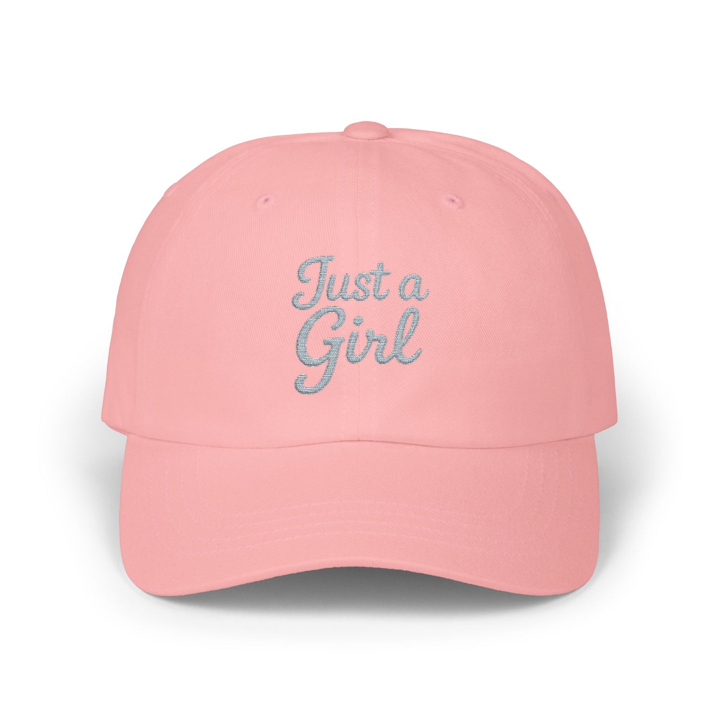 Just a Girl Embroidered Classic Dad Hat – Minimalist Script Baseball Hat with Bold Feminine Energy and Classic Style. Grey Letters